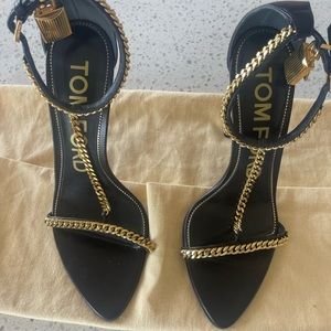 TOM FORD SHINY LEATHER PADLOCK POINTY NAKED SANDAL WITH GOLD CHAINS &GOLDLOCKS